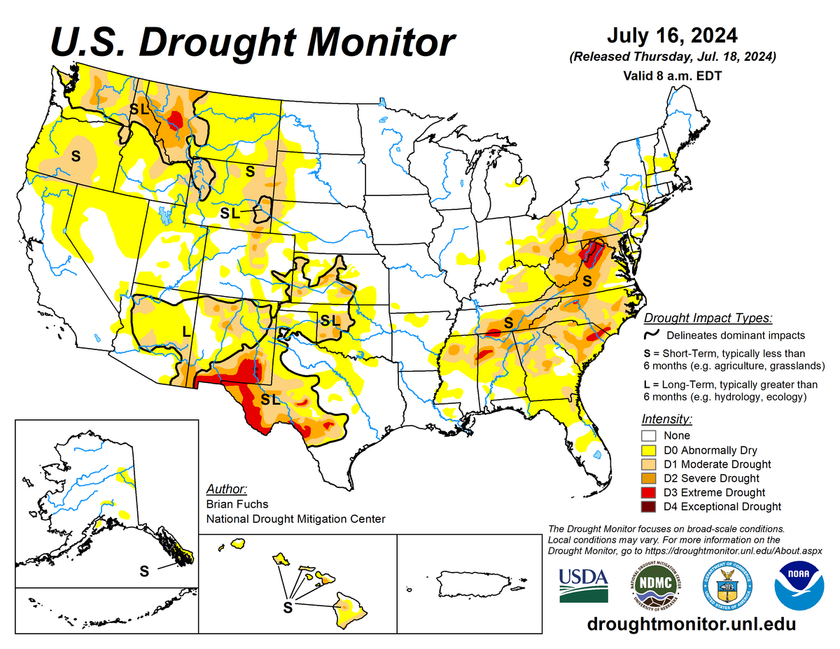 US drought monitor showing drought conditions around the United states