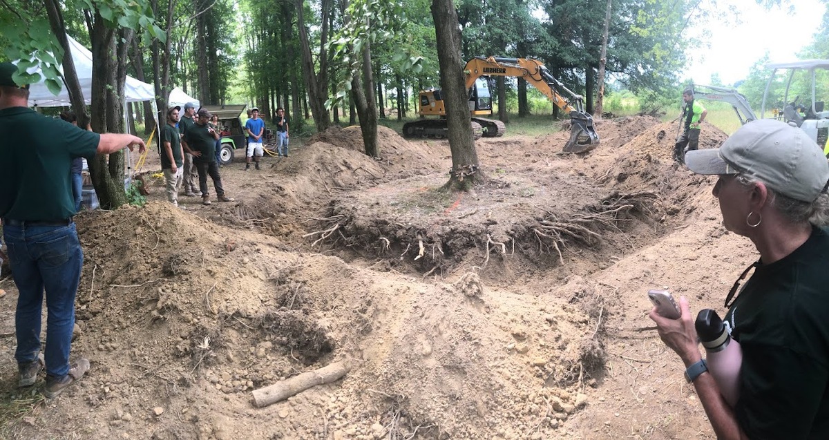 People standing around excavated tree roots