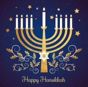 Happy Hanukkah graphic with a Hanukkah menorah