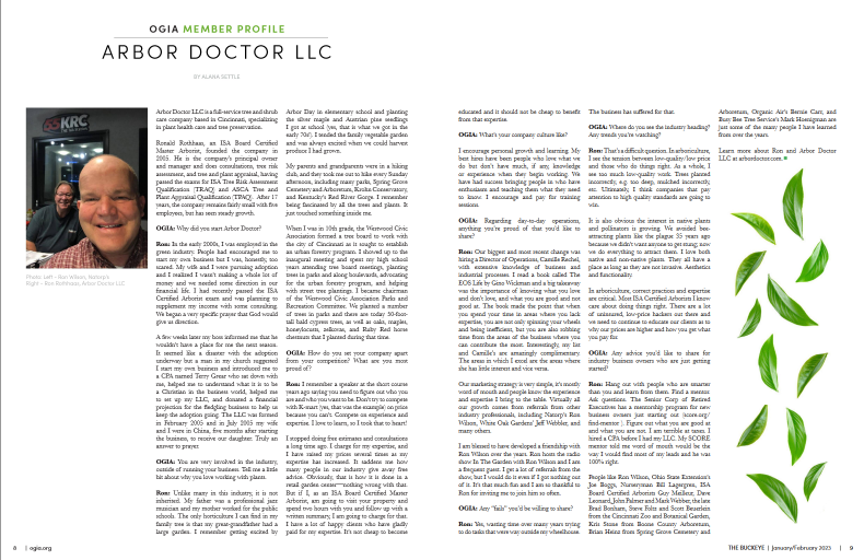 Arbor Doctor in The Buckeye, the publication of the Ohio Green Industry Association