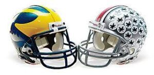 football helmet for Michigan on the left and Ohio State on the right