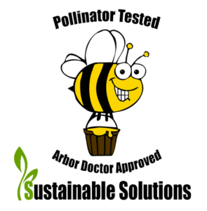 Pollinator Tested Arbor Doctor Approved Sustainable Solutions logo with bee holding honey bucket