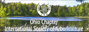 Ohio Chapter of International Society of Arboriculture logo overtop of forest and lake banner