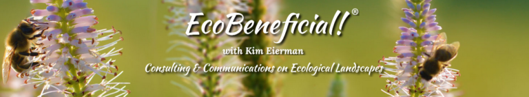 Eco Beneficial with Kim Eierman - Consulting & Communication on Ecological Landscaping banner with flowers