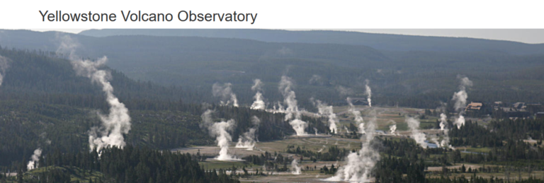 Yellowstone Volcano Observatory text with picture of steam holes