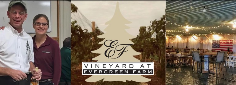 Vineyard at Evergreen Farm banner with collage pictures of people and venue