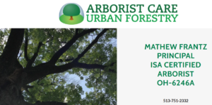 Arborist Care Urban Forestry logo Matthew Frantz Principal ISA Certified Arborist OH-6246A