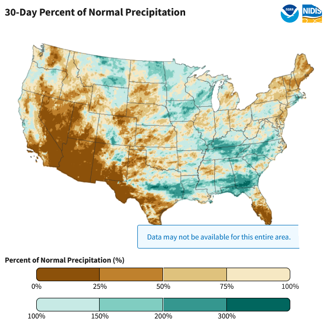 30-Day Percent of Normal Precipitation Map of U.S.