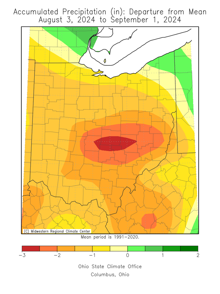 Accumulated Precipitation Departure from Mean June 21st, 2024 to July 20th, 2024