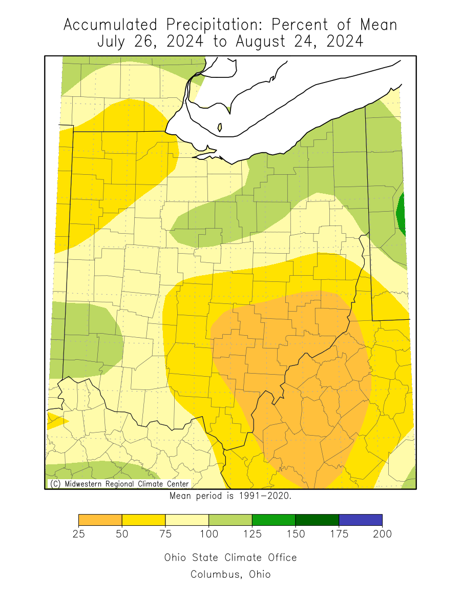 Ohio rainfall % of mean map