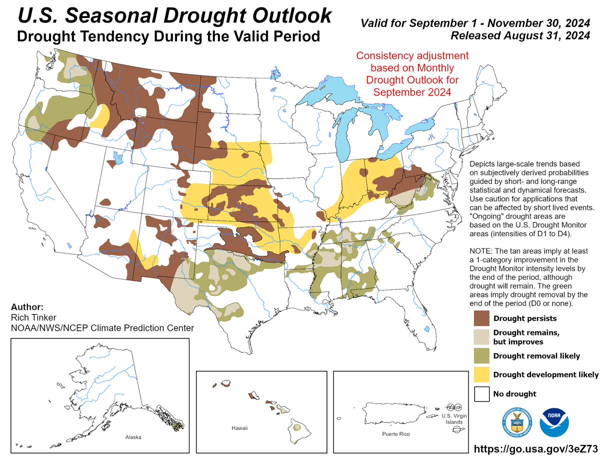 Map showing the seasonal drought outlook for the United states for the next 90 days