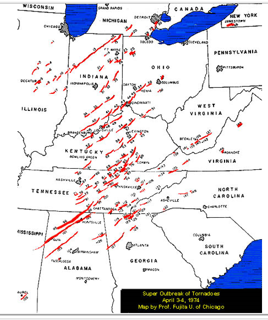 Lines of tornados on East Coast of U.S.