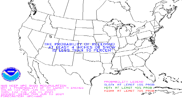 The Probability of receiving at least 4 inches of snow is less than 10% map of U.S.