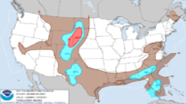 Thunderstorm areas on U.S. Map